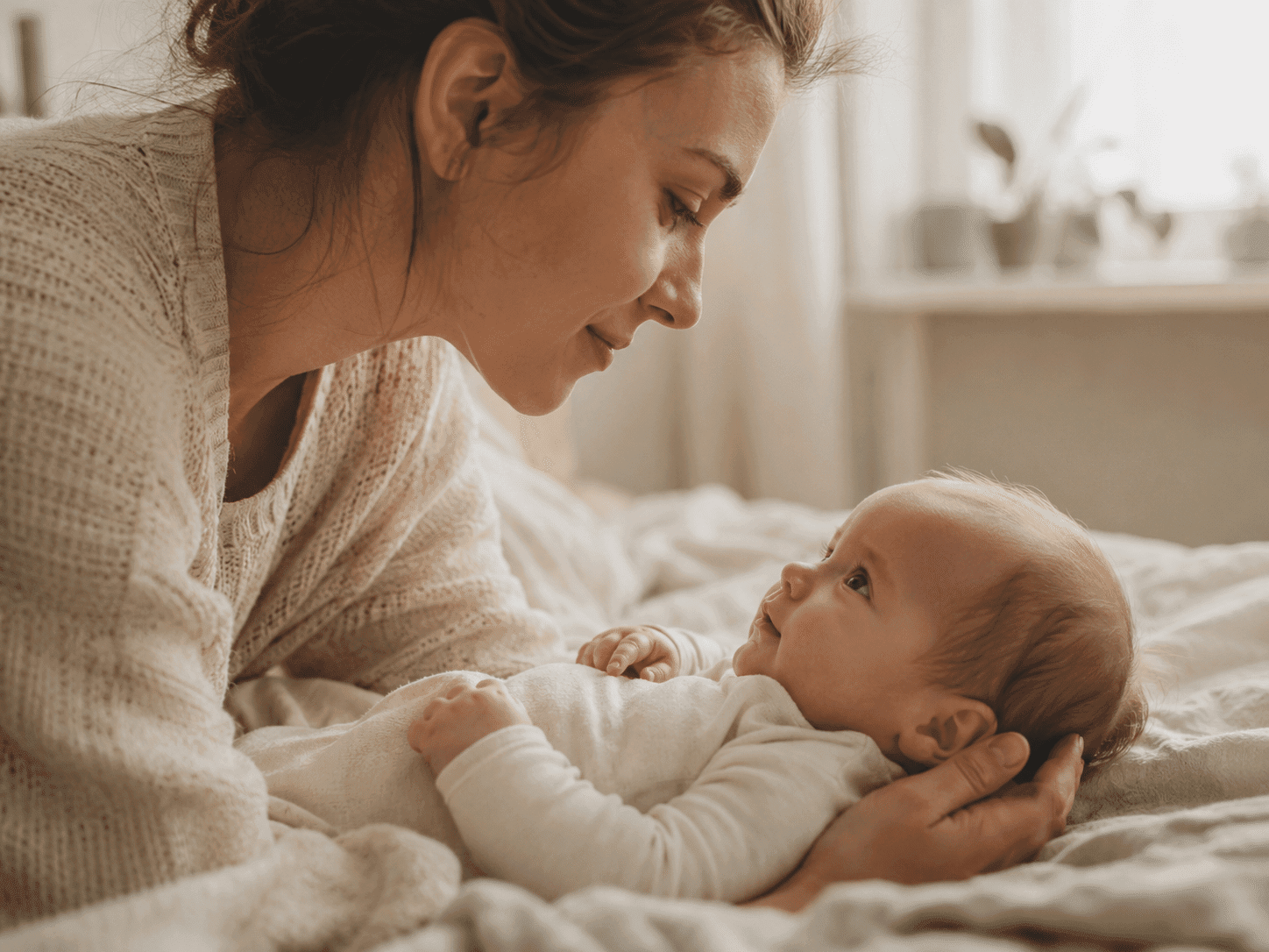 Baby øjenkontakt med rolig forælder — fundamentet for tryghed