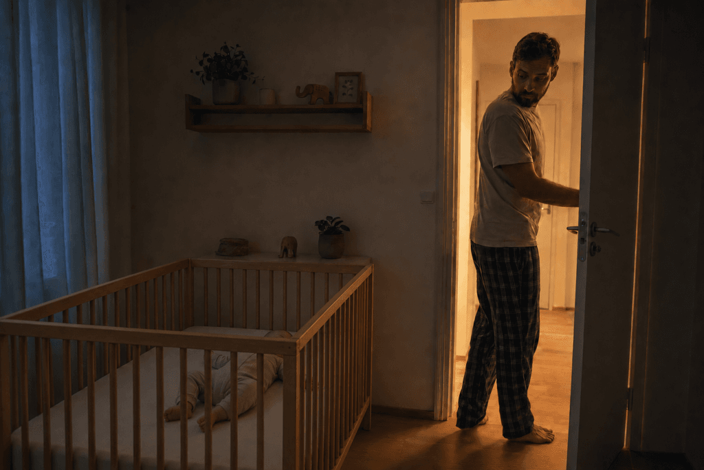 Far Lister Ud Af Værelset, Mens Baby Sover I Tremmesengen
