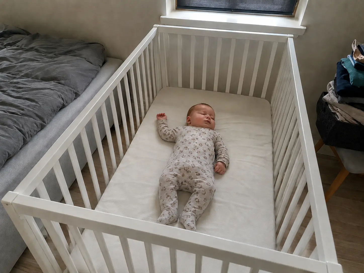 Baby Spjætter I Søvne I En Tom Tremmeseng