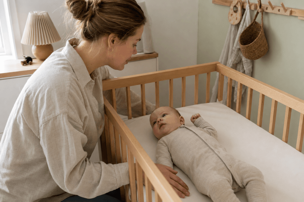 Forælder Hjælper En Vågen Baby Med At Finde Ro I Egen Seng