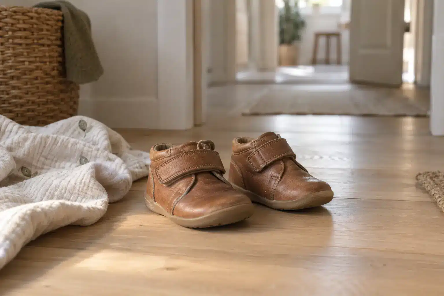 Begyndersko På Et Lyst Trægulv Som Eksempel På Barnets Første Sko